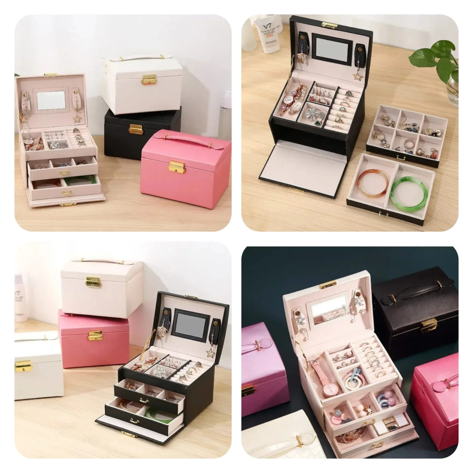 3Layer Mirror Leather Jewellery Organizer (Random Colours) Box Packing