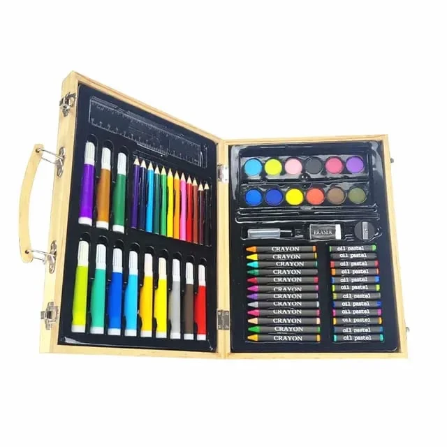 68Pcs Wooden Art Box Colored Pencil Set Watercolor Brush Drawing Paint Stationary Set