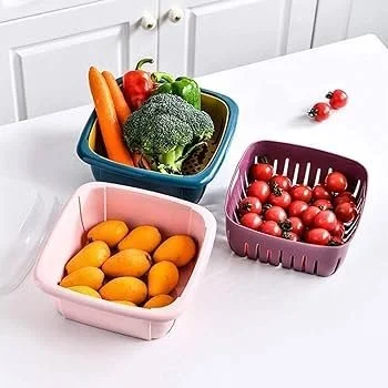 Double Layer Fruit Vegetable Drain Basket With Lid