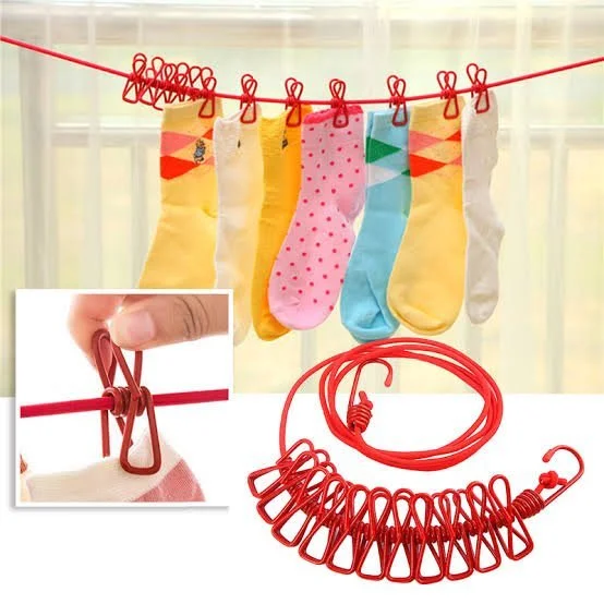 Clothesline Rope Elastic Cloth Drying Hanging Rope with 12 Clips and 2 Hooks Travel windproof Clothesline Hanging Laundry retractable Drying Rope (Multicolor) 185CM